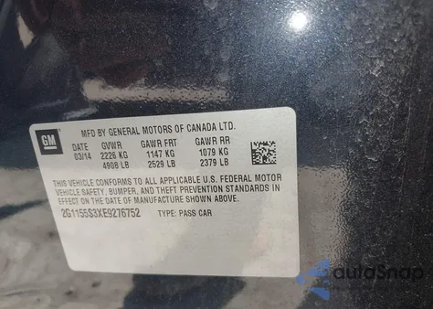 2014 Chevrolet Impala 2Lz from USA, damaged, VIN 2G1155S3XE9276752